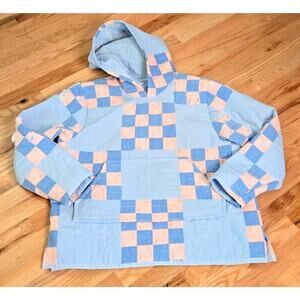 Upcycled Hand-made Pink and Blue Checkered vintage quilt Hooded Jacket